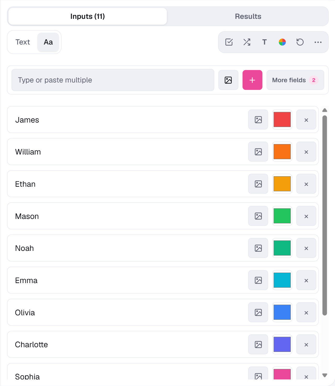 Entries panel for adding options to the spin wheel