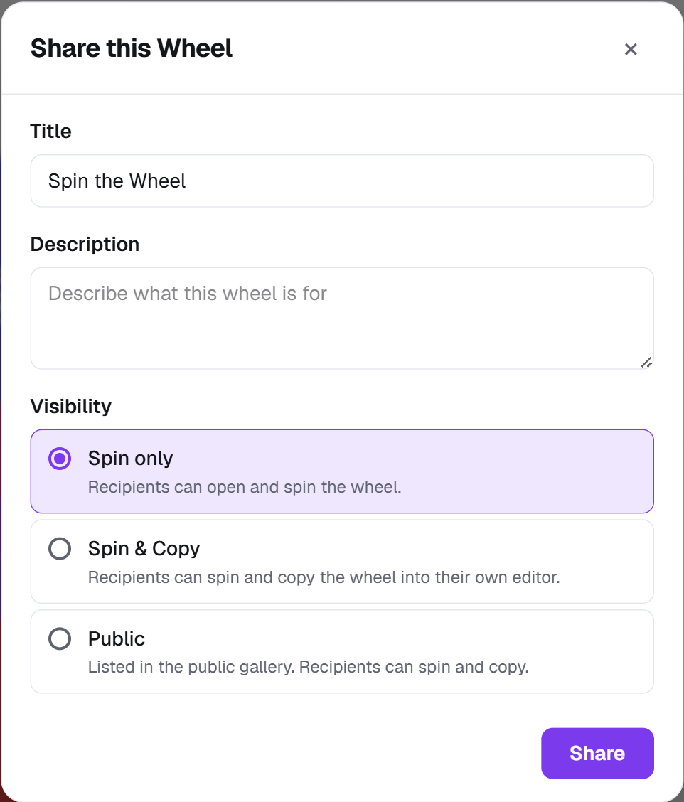 Share dialog for sending a custom wheel link